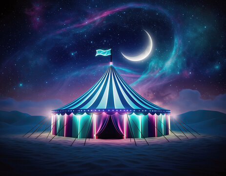 A whimsical circus tent stands under a vibrant, starry night sky and crescent moon, evoking dreams, magic, and escape. Ideal for fantasy, events, or surreal themes.