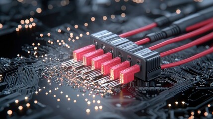 A close-up view shows several red data cables connected to a server rack, set against a detailed circuit board with glowing bokeh lights.