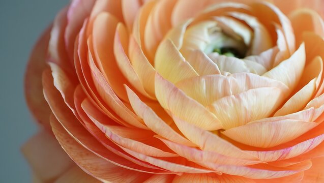 Closeup macro view of a vibrant orange ranunculus flower, showcasing its intricate layers of delicate, ruffled petals spiraling towards the center