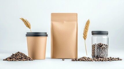 A still life arrangement featuring coffee beans, a paper coffee cup, a brown paper pouch, a glass jar filled with coffee beans, and two wheat sprigs.