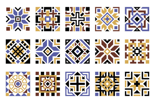 Geometric ethnic pattern vector design elements set. Traditional ethnic motifs, geometric mosaic stylized tribal patterns