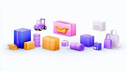 A variety of 3D rendered objects including boxes, shopping bags, and a toy vehicle are arranged on a white surface.