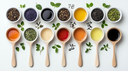 An overhead view showcases a vibrant assortment of liquid teas and dried tea leaves, presented in white bowls and wooden spoons, with fresh mint sprigs scattere