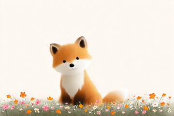 Fototapeta premium Cute fox illustration. Adorable, fluffy animal sits in a meadow of flowers. Perfect for childrens books, invitations, or whimsical designs. Innocence and nature.