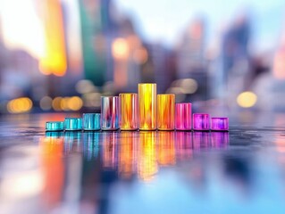 A series of colorful glass cylinders of varying heights are arranged in ascending order on a wet, reflective surface, with a blurred city skyline in the backgro