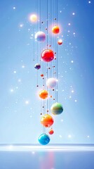 A collection of colorful, reflective spheres hang suspended by thin strings against a bright, gradient blue sky, with small, sparkling lights scattered througho