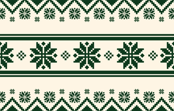 Seamless Christmas pixel pattern vector in retro 8-bit style, featuring festive holiday motifs. Perfect for Christmas wrapping paper, sweaters, greeting cards, backgrounds, and textile design.