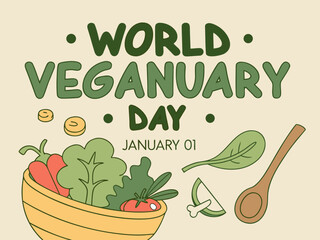 World Veganuary Day Illustration with Vegetables Spoon and Coins on Light Background