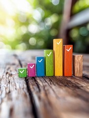 A bar graph made of colorful wooden blocks with checkmarks, set against a blurred natural background, symbolizing growth and success.