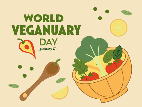 World Veganuary Day Illustration with Bowl of Vegetables and Spoon on Beige Background