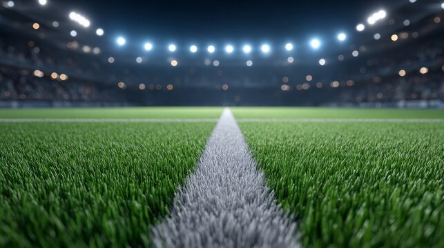 Cinematic soccer stadium night view football field with lush turf under lights