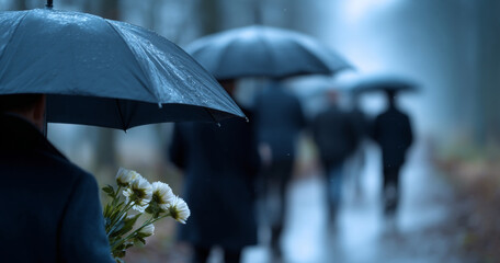 Mourners holding umbrellas walking through rainy cemetery path holding flowers in somber weather