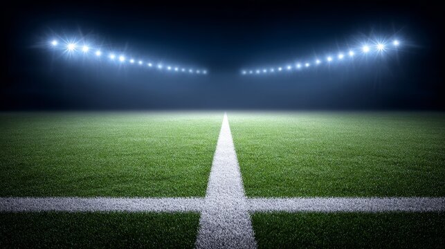 Soccer match under floodlights stadium night view football grass field intense atmosphere lush turf perspective