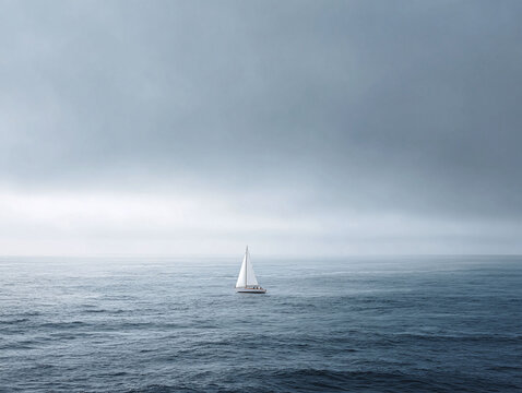 Serene seascape featuring a lone sailboat gliding on a vast, deep blue ocean under a moody, overcast sky. Evokes tranquility, adventure, and resilience.