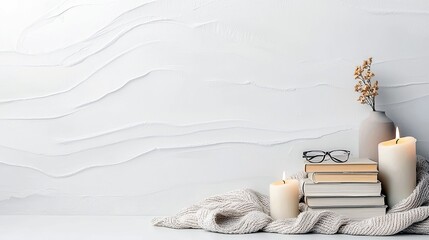A still life arrangement of books, reading glasses, lit candles, dried flowers in a vase, and a knitted blanket on a white surface against a textured white wall