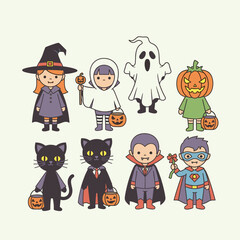 Cute Halloween Cartoon Characters Collection: Witch, Ghost, Pumpkin, Black Cats, Vampire, and Superhero Kids in Spooky Costumes