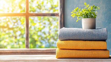 A stack of folded blankets in blue and yellow sits on a wooden surface next to a small potted plant, with a sun-drenched window in the background.