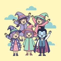 Cute Cartoon Children in Halloween Costumes: Happy Witches and Vampire Kids Waving in Pastel Colors