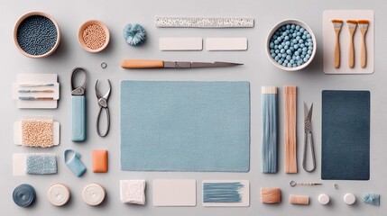 A flat lay arrangement of various crafting supplies including beads, threads, scissors, a ruler, and fabric swatches.