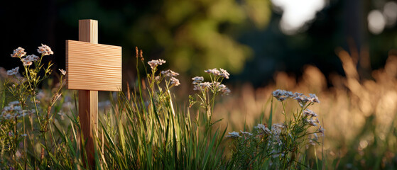 Eco burial site with wooden grave marker in a sunlit meadow with wildflowers