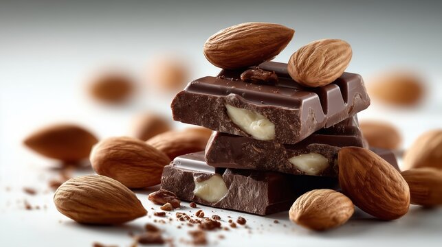 Chocolat noir aux amandes empil&eacute; avec des noix dispers&eacute;es autour