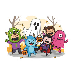 Joyful Children in Halloween Costumes: Happy Kids Dressed as Monsters, Ghost, and Vampire Trick-or-Treating in a Fun Autumn Fall Scene