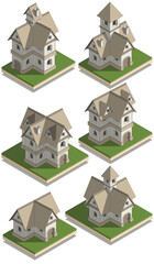 Set of medieval houses. Isometric. Isolated on white background. Vector illustration.