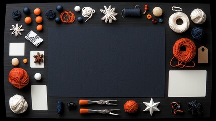 A flat lay of various crafting materials including yarn, beads, scissors, and decorative elements arranged around a dark blue paper.