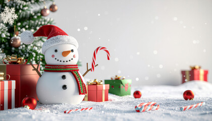 Happy Christmas scene, cute 3D rendering of smiling snowman, colorful gifts, candy 