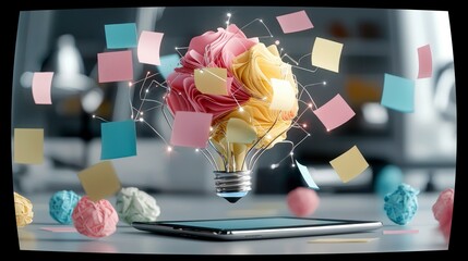 A lightbulb shaped like a brain, adorned with colorful sticky notes and illuminated by fairy lights, hovers above a tablet, symbolizing creativity and idea gene