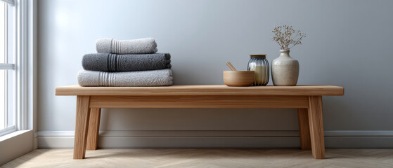 Fototapeta premium Minimalist wooden bench with neatly folded towels and decorative ceramic vase with dried flowers in bright natural light