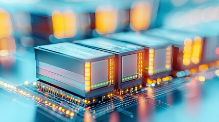 A macro shot of multiple computer chips with glowing orange and green lights on a circuit board, with blurred background lights.