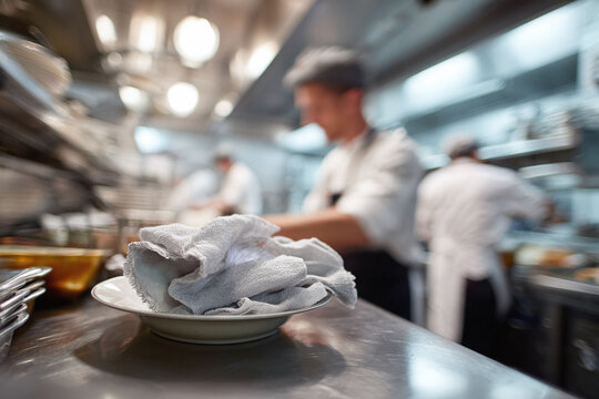 Busy commercial kitchen scene featuring working cooks. Focus on a dish with a towel, representing hard work and dedication. Great for food industry, restaurant, service concepts.
