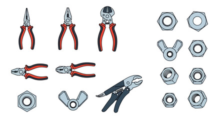 Assortment of Pliers and Nuts: Various Types and Sizes for Mechanical Work.