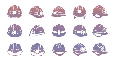 A collection of colorful gradient miners hard hats with headlamps presented as a vector icon set.