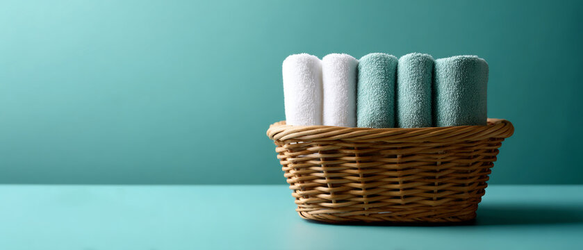 Wicker basket filled with neatly rolled white and teal towels on turquoise surface with matching background