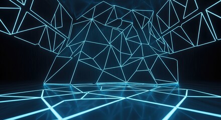 Abstract blue neon lines forming geometric shapes in a dark environment