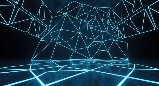 Abstract blue neon lines forming geometric shapes in a dark environment