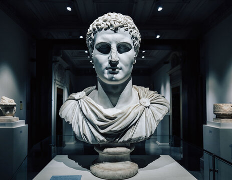 Elegant marble bust of a male figure in a museum setting. Represents history, art, and classical beauty. Perfect for educational content or cultural projects.