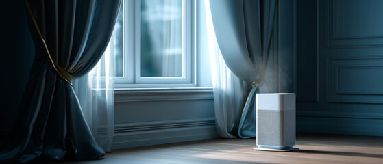 Modern air purifier emitting steam in elegant room with large window and blue curtains during daytime