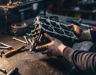 Closeup of mechanics hands holding engine block. Represents engineering, repair, construction, and industry. Good for automotive, and skilled trades content.