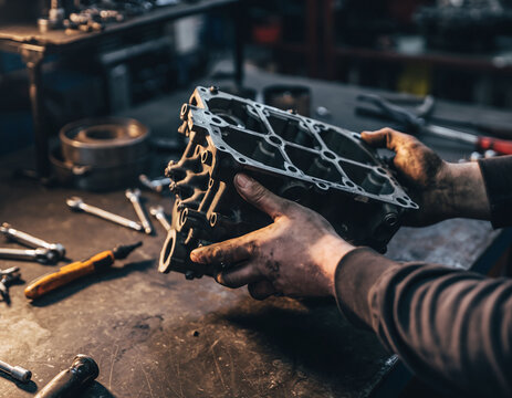 Closeup of mechanics hands holding engine block. Represents engineering, repair, construction, and industry. Good for automotive, and skilled trades content.