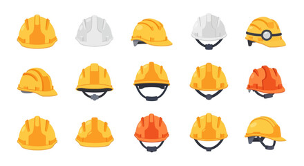 A diverse collection of industrial safety helmets and construction hard hats in various colors and styles.