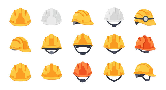 A diverse collection of industrial safety helmets and construction hard hats in various colors and styles.