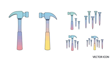 Colorful Hammer and Nails Set Vector Illustration on White Background.
