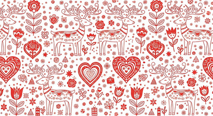 Cozy traditional Christmas seamless pattern with classic motifs. Perfect for holiday sweater designs, festive textile printing, and warm background projects | seamless pattern with hearts
