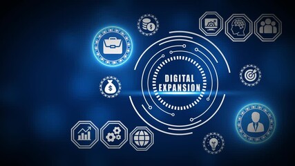 Blue digital interface with digital expansion icons and text on dark background technology business - Powered by Adobe