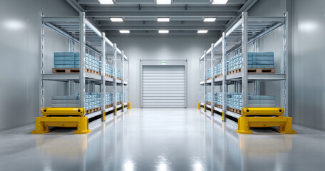 Modern automated warehouse interior with robotic pallet movers and metal shelving stocked with blue packages in clean industrial environment