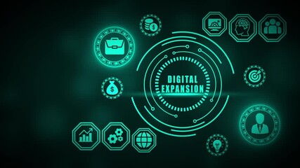 Teal digital interface with digital expansion icons and text on dark background technology business - Powered by Adobe