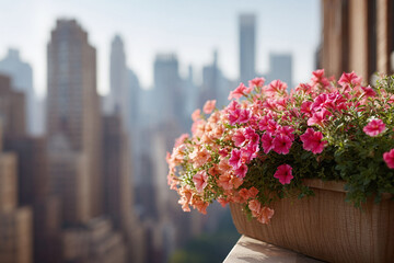 Obraz premium Vibrant pink flowers spill from a balcony planter, offering a burst of color against the blurred backdrop of a modern cityscape. Urban oasis, nature, growth, and tranquility.